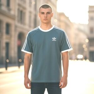 Adidas Mens Medium Originals 3-Stripes Ringer Tee Cotton Teal Blue White Vintage